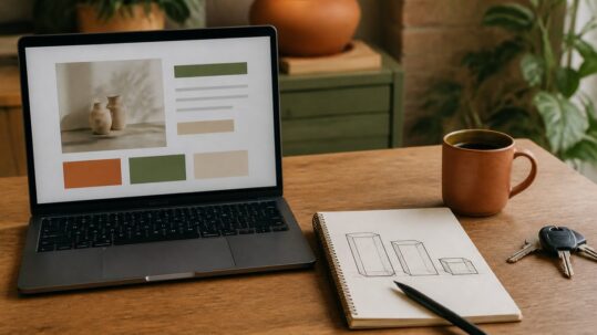 Mesa de trabajo de un autónomo con un portátil mostrando una web sencilla, una libreta con un boceto, café y llaves